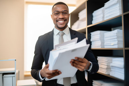 a young business owner smiling happily at the camera with copies of documents in his handsの素材
