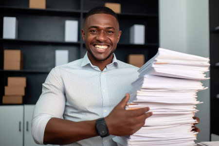 a young business owner smiling happily at the camera with copies of documents in his handsの素材