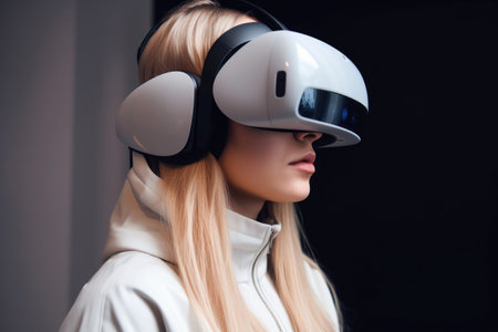 cropped shot of a young woman using a vr headsetの素材