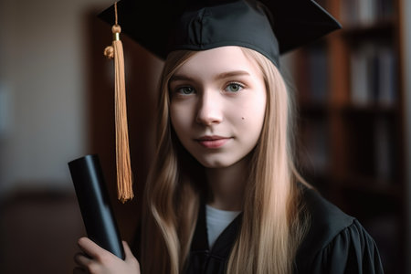 portrait of a young female student holding her diplomaの素材