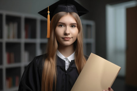 portrait of a young female student holding her diplomaの素材