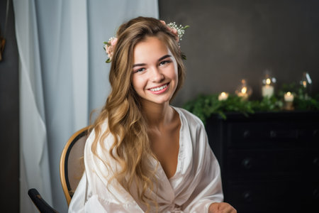 portrait of an attractive young woman in a gown sitting and getting her hair doneの素材