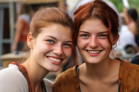 two young women smiling at the cameraの素材