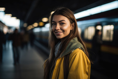 portrait of a young woman happy to arrive at her train stationの素材