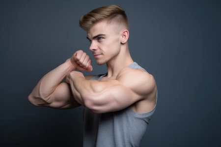 studio shot of a muscular young man feeling his biceps against a grey backgroundの素材