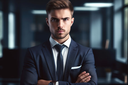 cropped shot of a serious young businessman standing in his officeの素材