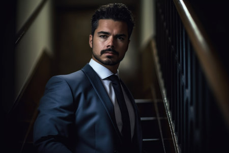 portrait of a young businessman standing on stairsの素材
