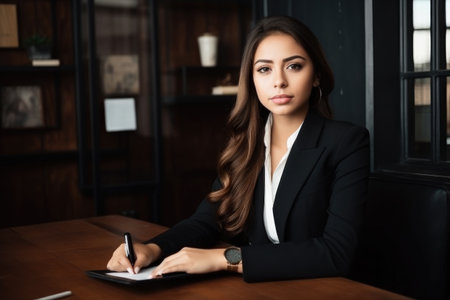 attractive young hispanic lawyer using a digital tablet while working in her officeの素材