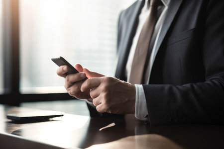 cropped shot of an unidentifiable businessman using a phone in the officeの素材