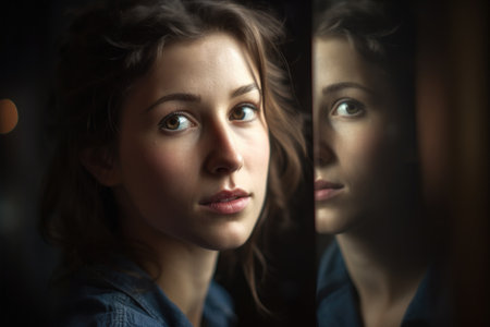 portrait of a beautiful young woman with her face reflected in the mirror behind herの素材