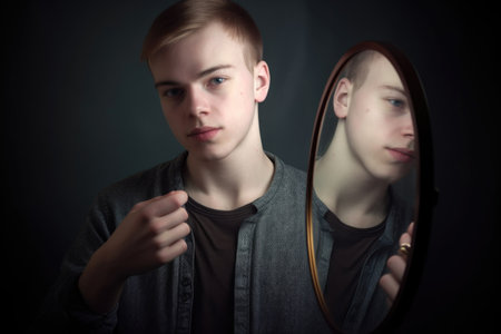 a young man holding a mirror in front of himselfの素材