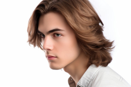 closeup image of a handsome young man with shoulder length hair isolated on whiteの素材