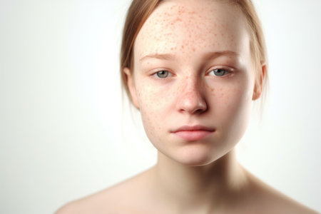 closeup shot of a young woman with no skin against a white backgroundの素材