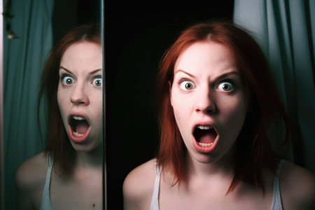 a young woman with a shocked expression being reflected in the mirrorの素材