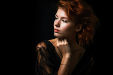 portrait of a beautiful young woman posing against a black backgroundの素材