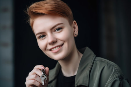 portrait of a young woman smiling at the camera while holding her keysの素材