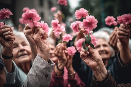 shot of a group of unrecognizable people holding up pink flowersの素材