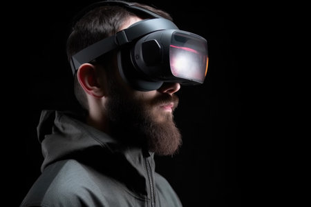 closeup shot of a man using vr gogglesの素材
