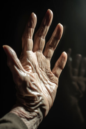 studio shot of a hand against a mirrorの素材