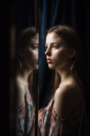a young woman looking at her reflection in the mirrorの素材