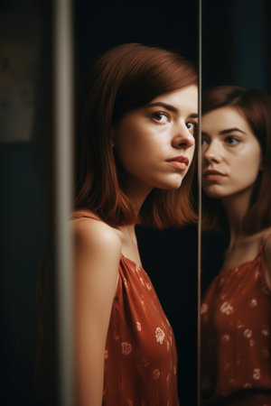 cropped shot of a young woman looking into the mirror and seeing two other versions of herselfの素材