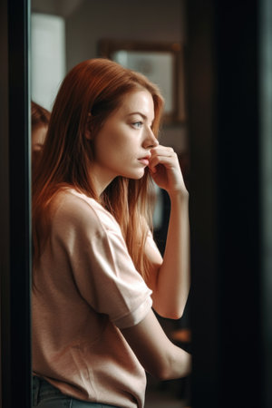rearview shot of a young woman looking at her reflection in the mirrorの素材