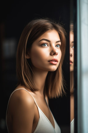shot of a beautiful young woman looking in the mirror with copyspaceの素材