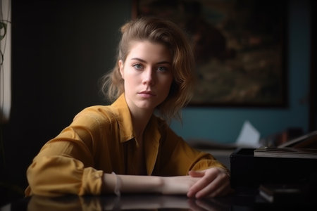 portrait of young female writer sitting on her deskの素材