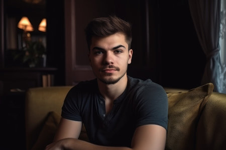 portrait of a handsome young man sitting on a sofa in his living roomの素材