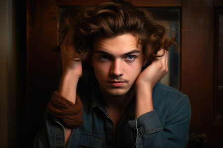 portrait of a handsome young man with his hands in his hairの素材