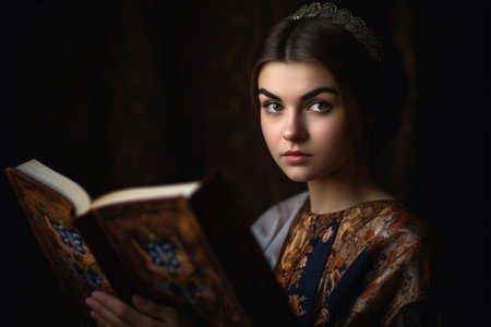 portrait of a gorgeous young woman with an open book behind herの素材