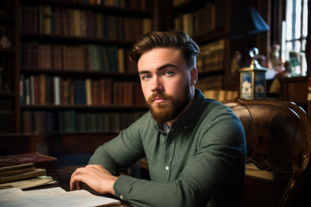 portrait of a handsome young writer sitting in his studyの素材