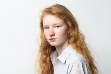 studio portrait of a young woman standing against a white backgroundの素材