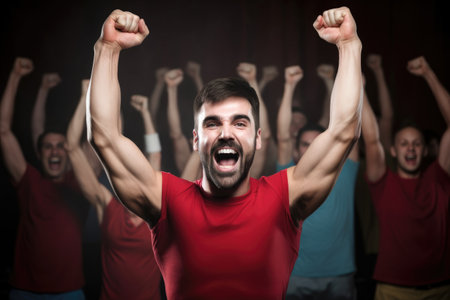 cheering crowd, sports and portrait of a man in studio for appreciation or motivationの素材