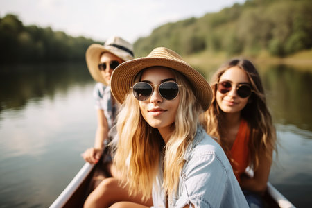 portrait of a young woman sailing with her friends at the lakeの素材
