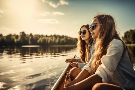 shot of two young women out sailing together on a lakeの素材