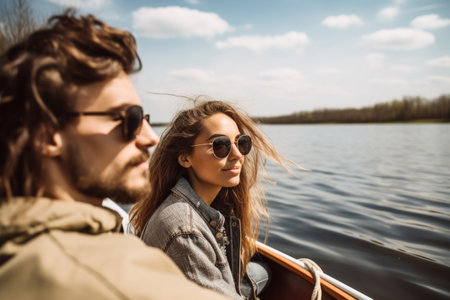 shot of a young man sailing on a lake with his sisterの素材