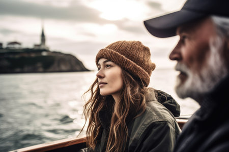 shot of a young woman sailing in the harbour with her fatherの素材