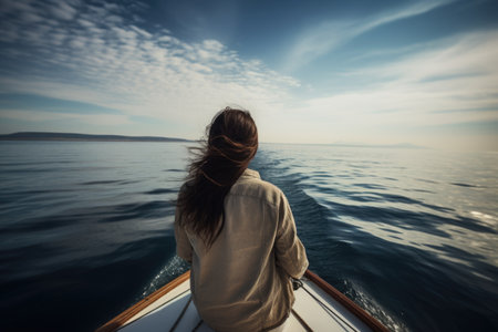 Photo for rearview shot of a woman sailing on the water alone - Royalty Free Image