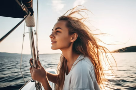 shot of a young woman out sailing with her husbandの素材