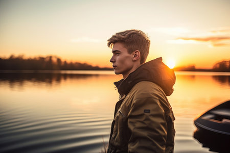 shot of a young man getting ready to sail on a lake at sunsetの素材