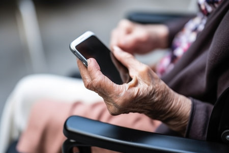 closeup shot of an unrecognisable woman using a cellphone in a wheelchairの素材
