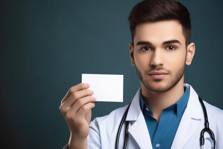 cropped portrait of a young male doctor holding up a blank cardの素材