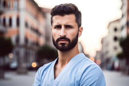 portrait of a handsome male doctor standing in the cityの素材