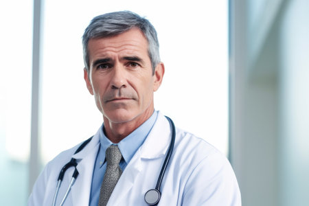 cropped portrait of a handsome mature doctor standing in the hospitalの素材