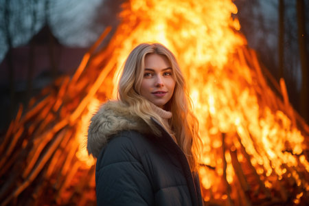 an attractive young woman standing by a huge bonfire with flames shooting into the airの素材
