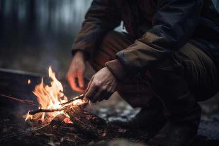 cropped shot of an unrecognizable man lighting a fire outsideの素材