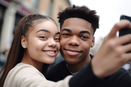 shot of two young people taking a selfie with a smartphone in the backgroundの素材