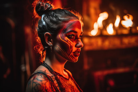shot of a female fire performer wearing face paintの素材