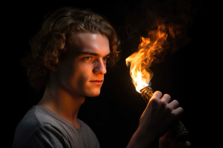 a young man holding a torch with fire pouring out of itの素材